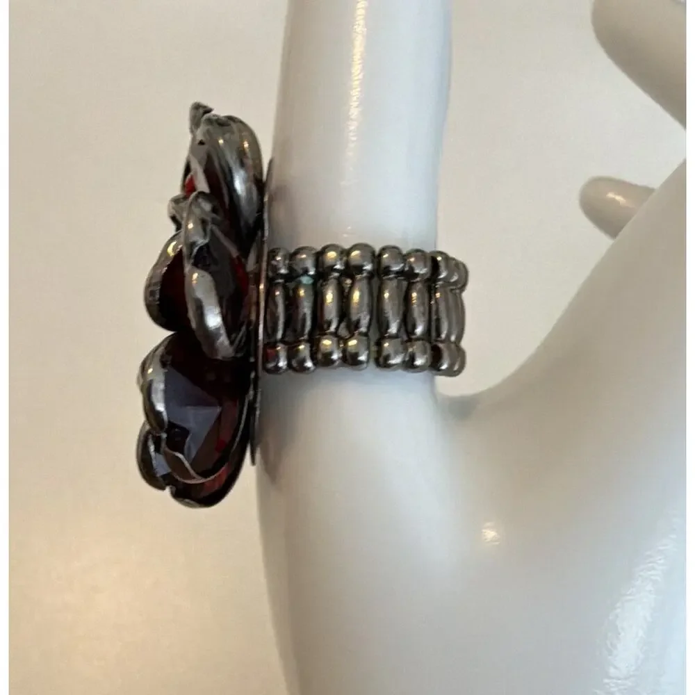 Vintage Silver Tone Red Flower Cocktail Ring Wide Band Clear Center Stone Size 8